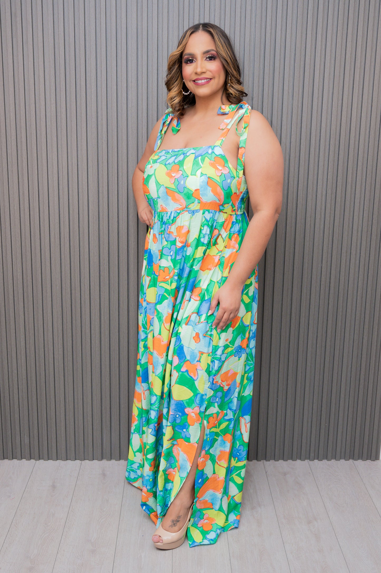 Green Floral Square Neck Maxi Dress