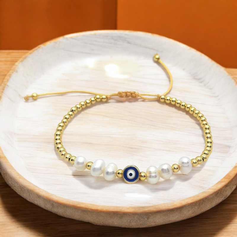 Evil Eye Adjustable Bracelet with Pearls