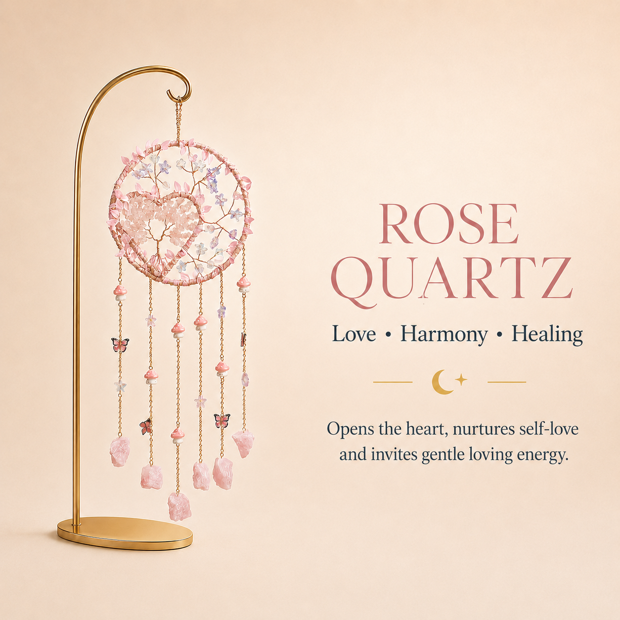 Rose Quartz Heart Tree of Life Wind Chime