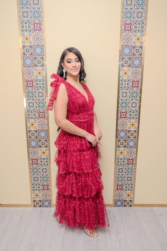 Wine Ruffle Pearl Maxi Dress