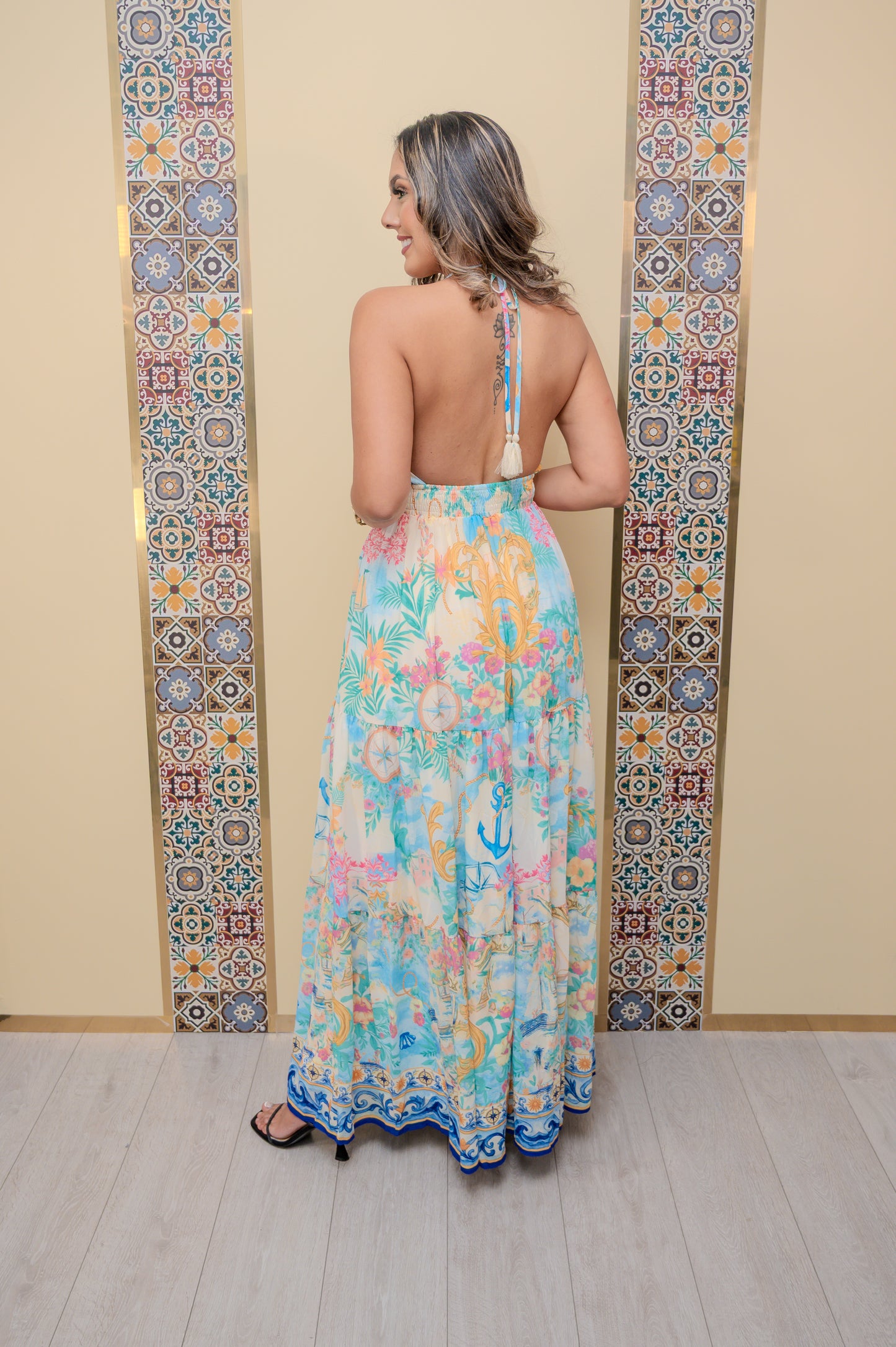 Ivory Mix Printed Halter Dress