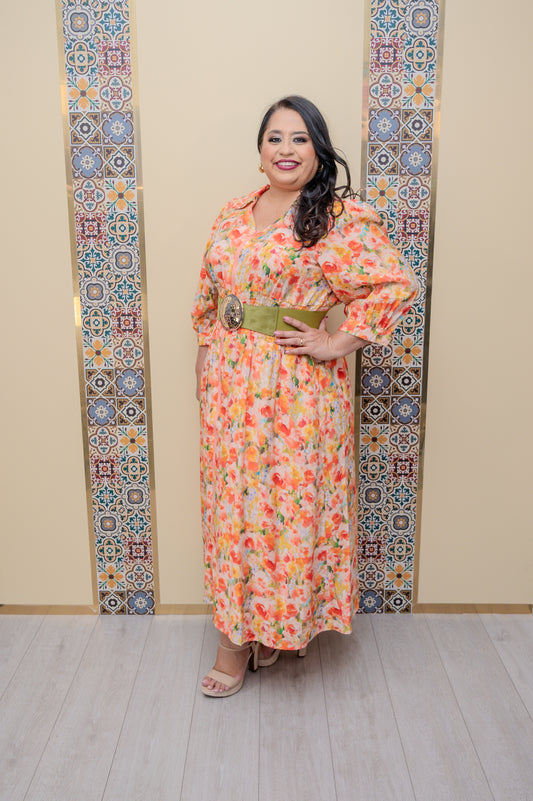 Peach Floral Midi Dress