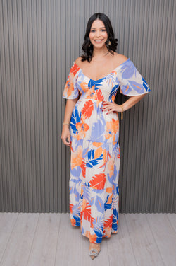 Blue/Orange Floral Chiffon Maxi Dress