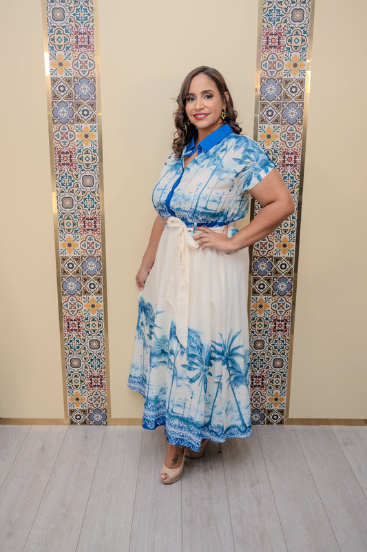 Blue Printed Midi Dress