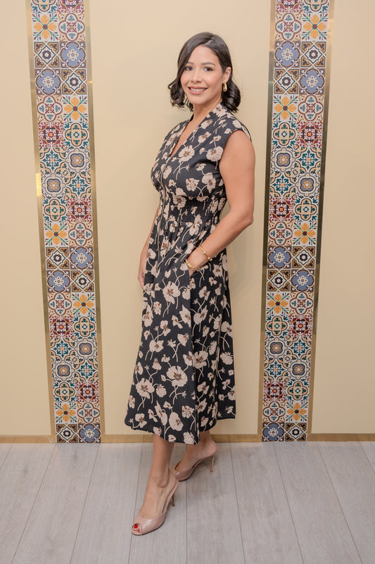 Black Floral Drop Shoulder Midi Dress
