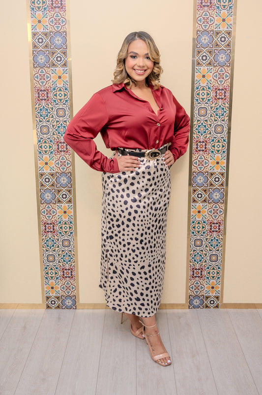 Wine Satin Button Down Blouse