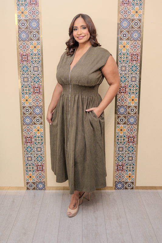 Olive Drop Shoulder Suede Midi Dress
