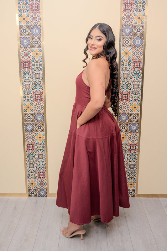 Wine Halter Maxi Dress