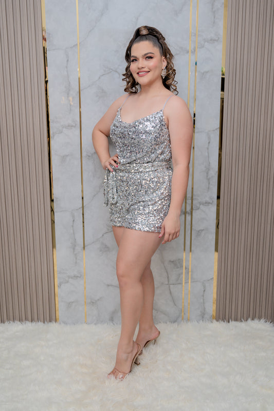 Silver Sequin Cowl Neck Romper