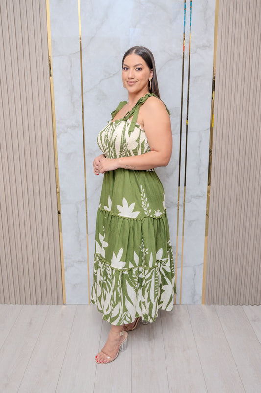 Green Boarder Print Tiered Maxi Dress