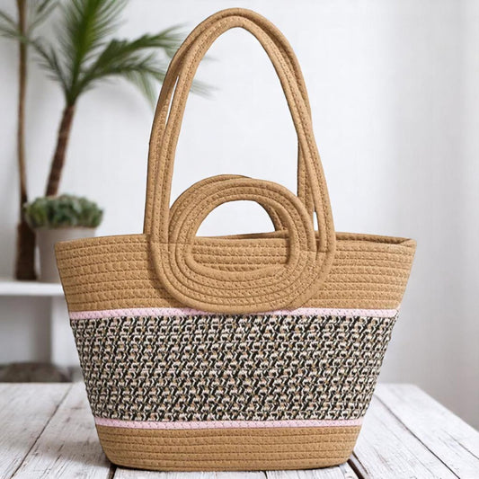 Khaki Straw Color Block Vacation Beach Tote Bag