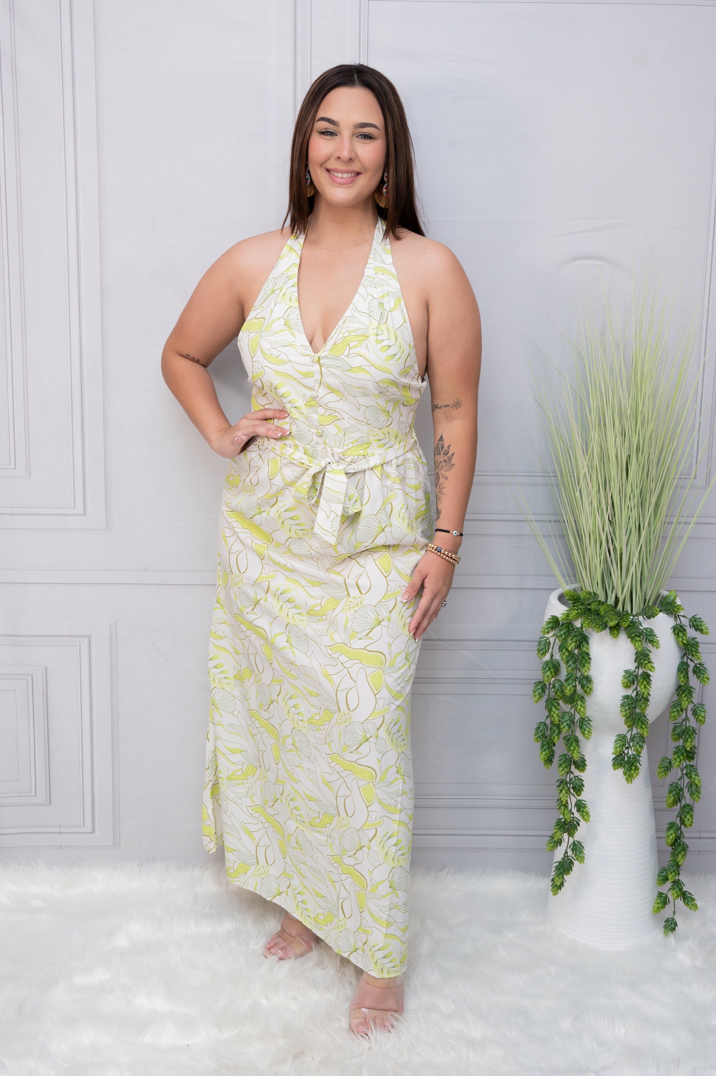 Lemon Halter Tropical Maxi Dress