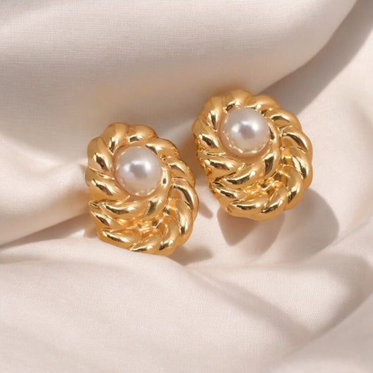 Abstract Oval Stud Earring with Pearls