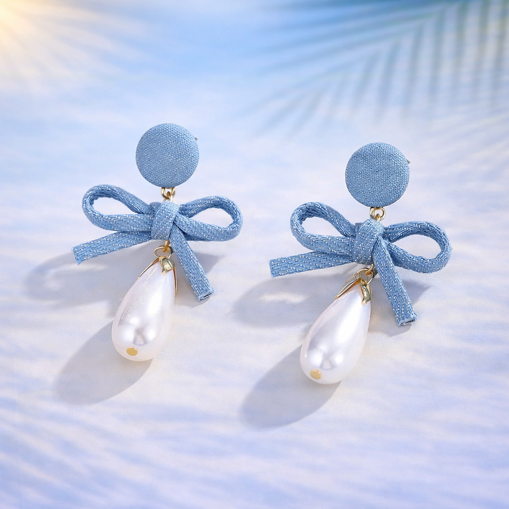 Denim Bow Pearl Drop Earring