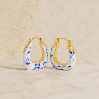 Blue Square Porcelain Hoop Earring