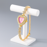 Gold/Pink Heart Rhinestone Quartz Adjustable Watch