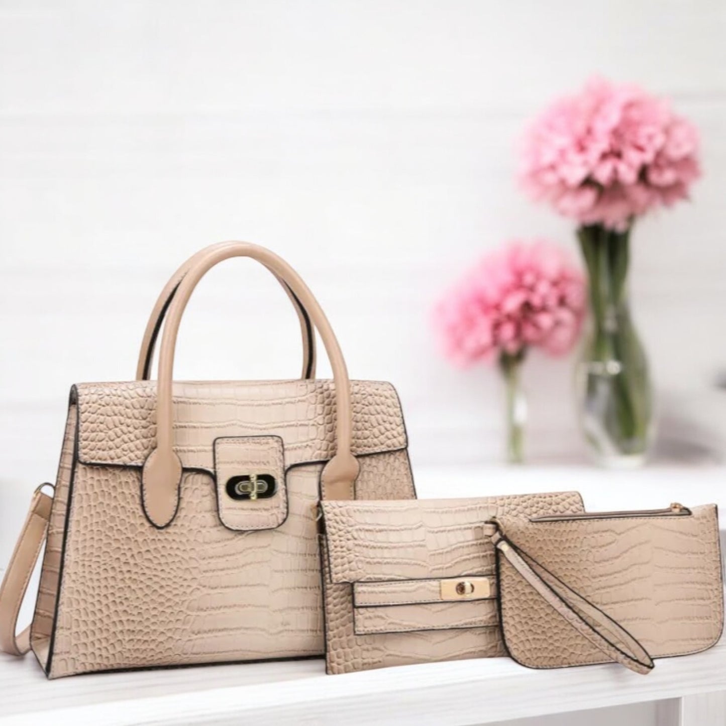 Khaki Crocodile Square Zipper Bag with Wallet Set