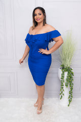 Royal Blue Mesh Ruched Midi Dress