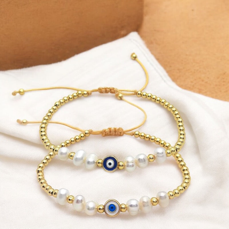 Evil Eye Adjustable Bracelet with Pearls
