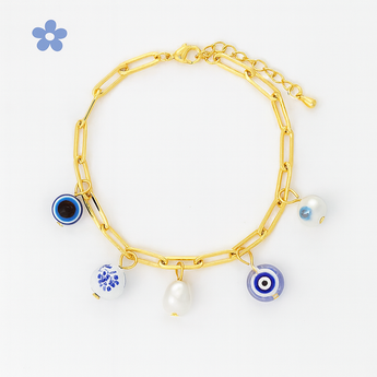 Blue Porcelain and Evil Eye Pendant Bracelet