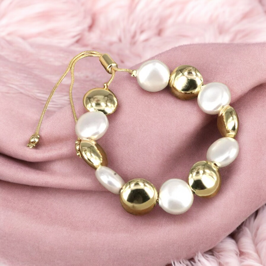 Gold Layered and Pearl Beaded Adjustable Bracelet