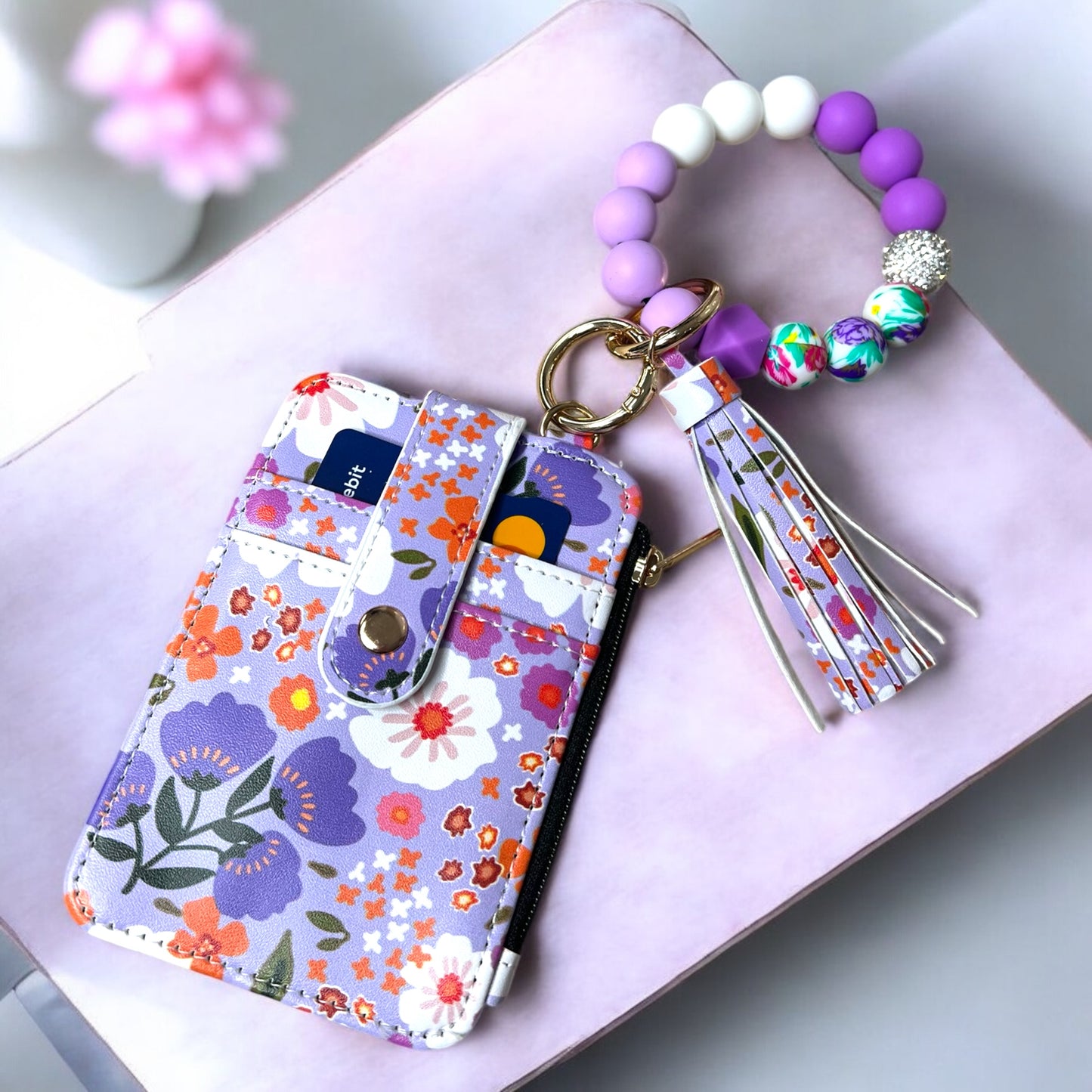 Beads Wristlet Flower Card Holder