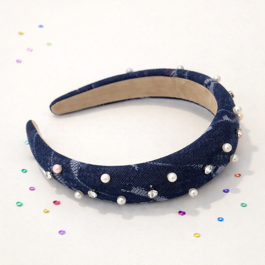 Dark Wash Denim Pearl Headband