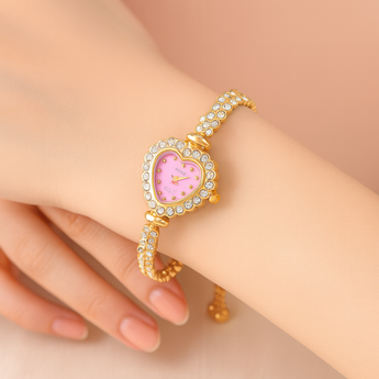 Gold/Pink Heart Rhinestone Quartz Adjustable Watch