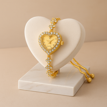 Gold Heart Rhinestone Quartz Adjustable Watch