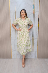 Green Printed Short Sleeve Midi Dress