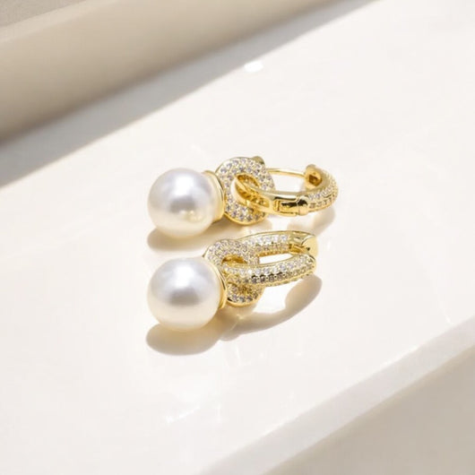 Round Rhinestone Stud Earrings with Pearl