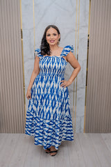 Ivory/Blue Smocked Bodice with Ruffle Straps Maxi Dress