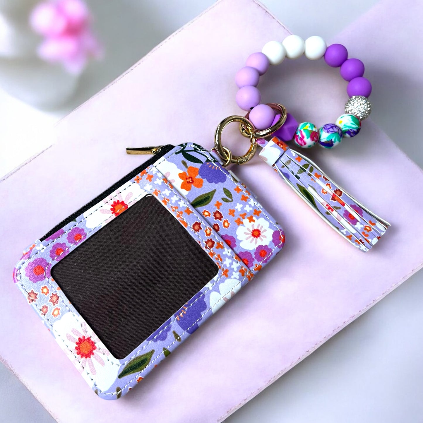 Beads Wristlet Flower Card Holder
