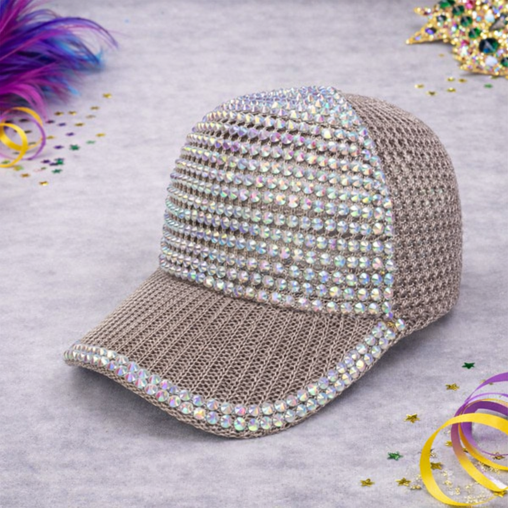Khaki Rhinestone Mesh Detail Cap