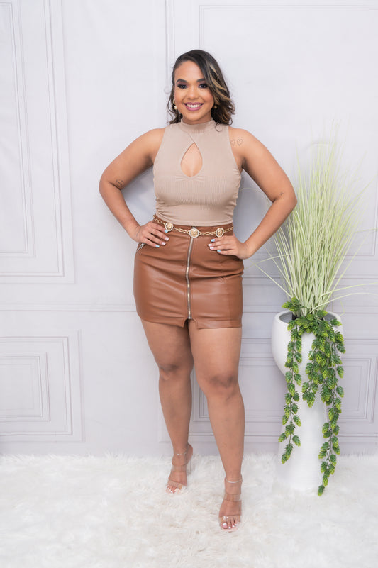 Beige Sleeveless High Neck Cutout Top