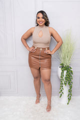 Beige Sleeveless High Neck Cutout Top