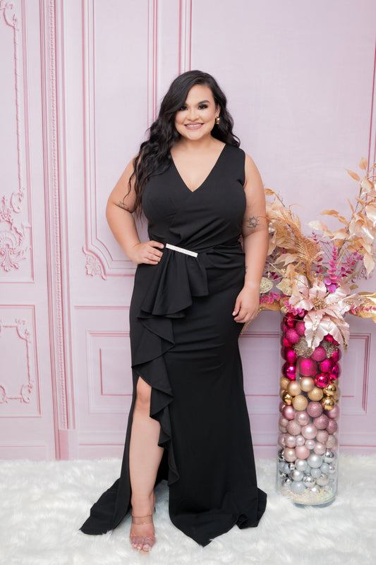 Black Rhinestone Pleated Maxi Dress