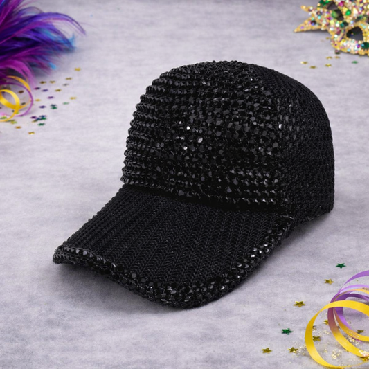 Black Rhinestone Mesh Detail Cap