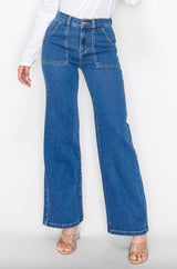 Dark Wash High Rise Square Pocket Wide Leg Jeans