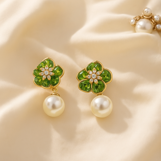 Crystal Green Flower Stud Pearl Drop Earrings