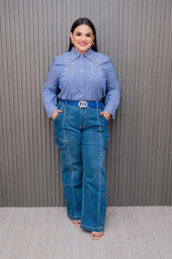 Blue Stripes Shirt with Rhinestone Accent