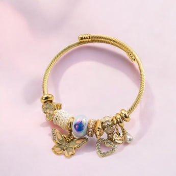 White Butterfly and Heart Charms Bangle