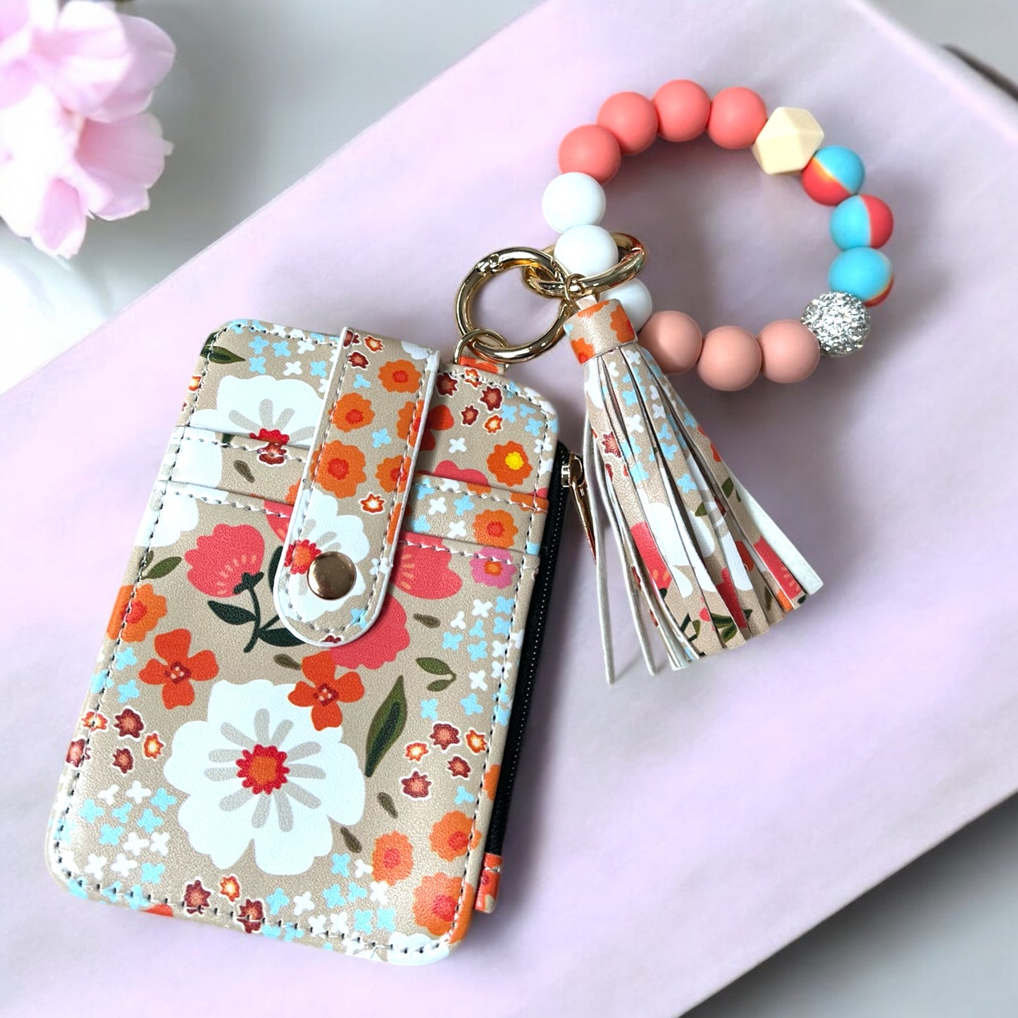 Beads Wristlet Flower Card Holder