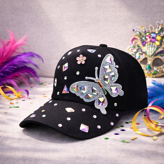 Black Rhinestone Butterfly Cap