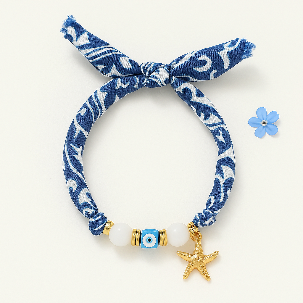 Blue Silk Scarf Bracelet with Sea Star Charm