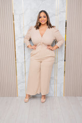 Beige Ruched Long Sleeve Top with Necklace