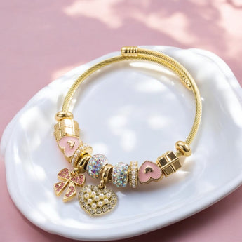 Pink Iridescent Bow and Heart Charms Bangle