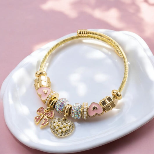Pink Iridescent Bow and Heart Charms Bangle