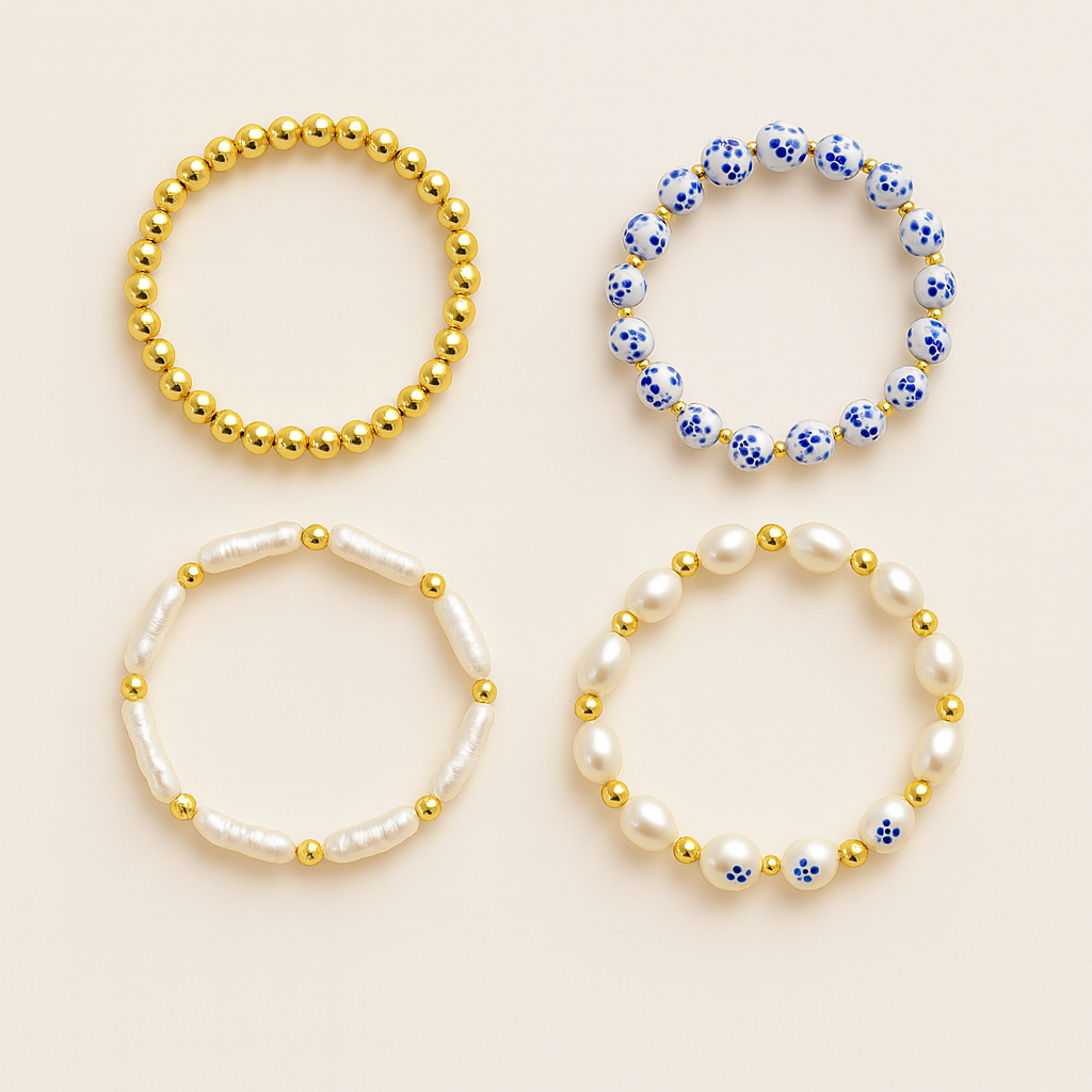 Blue Porcelain and Pearl Bracelet Set