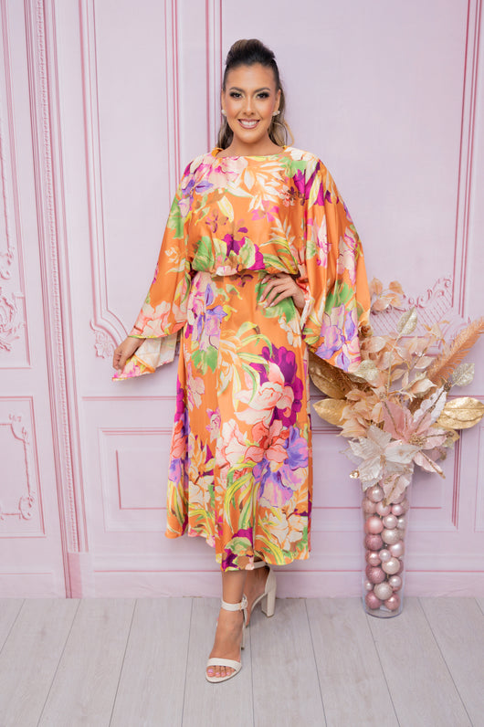 Camel Floral Printed Midi Dress